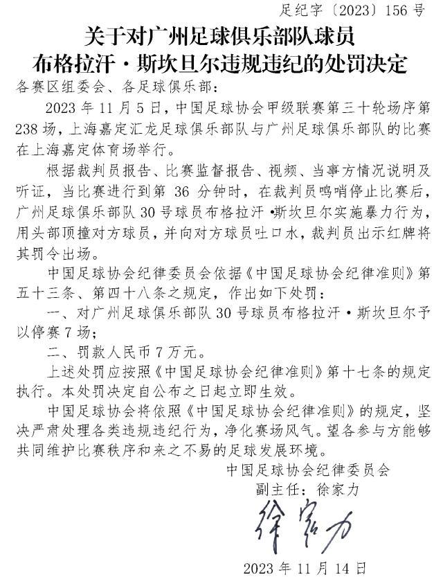 开云登录-足协罚单：广州队球员布格拉汗停赛7场、罚款7万元